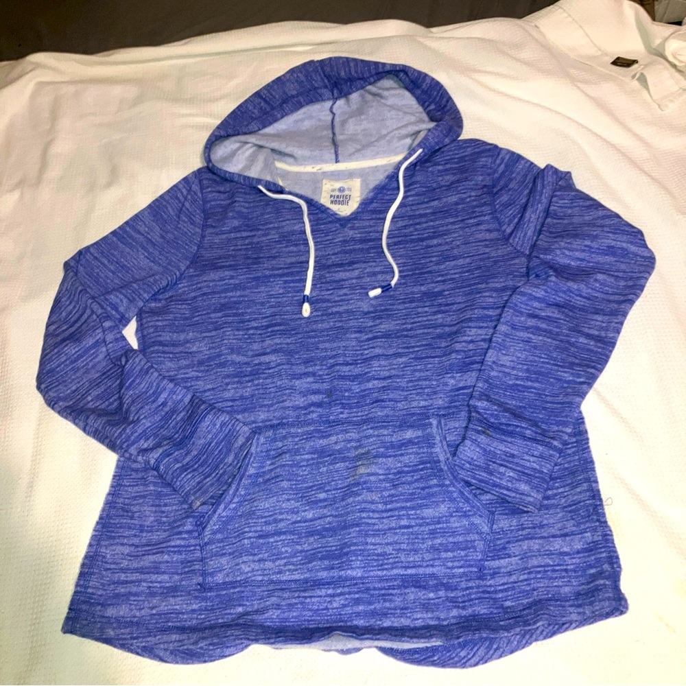 SO Perfect Hoodie Womens XL White Blue V Neck Fleece Long Sleeve Sweatshirt